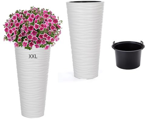 MELTOM Blumenkübel Blumentopf Rund 3D Effekt Slim Weiß Pflanzkübel mit Herausnehmbaren Einsatz (XXL)