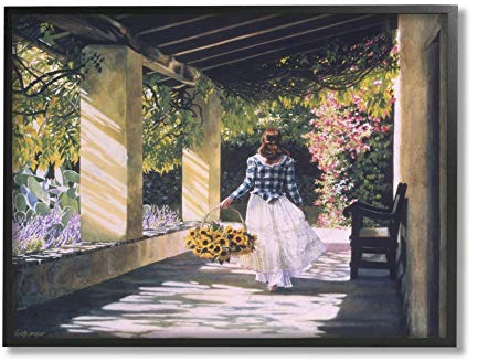 Stupell Industries Girl with Sunflower Basket Under Trellis Heide Presse Black Framed Wall Art, 24 x 30