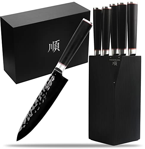 YOUSUNLONGEnsembles de blocs de couteaux Ensemble de couteaux de cuisine 5pcs - Acier japonais AUS8 Titane noir - Support américain Fraxinus naturel - Manche en bois noir naturel avec boîte-cadeau