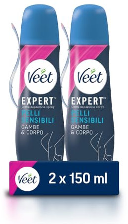 Veet Crema Depilatoria Spray Gambe e Corpo per Pelli Sensibili, Dermatologicamente Testata, 2 Confezioni da 150 ml