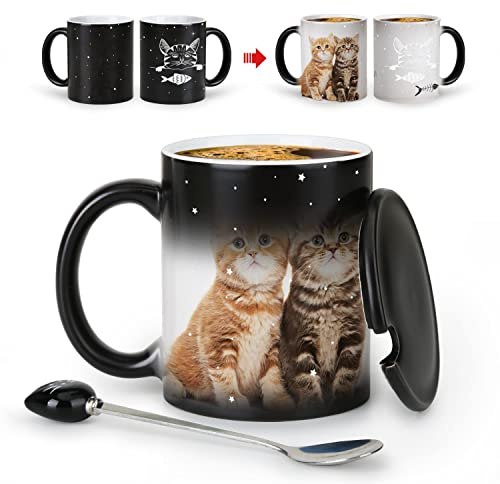 Color Changing Cat Mug - Cute Coffee Mug for Women, Funny Gifts with Lid, Anime Ceramic Cup (11oz) for Birthday Christmas Halloween