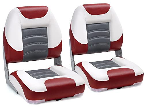 NORTHCAPTAIN T1 Deluxe Low Back Folding Fishing Boat Seats 2 Pack - Premium Bass/Jon/Pontoon Boat Chairs,4 Mounting Screws Included,White/Wine Red/Charcoal