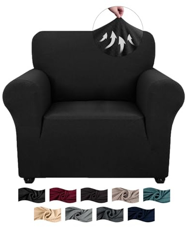 CYCMACO High Stretch Sofa Überzug 1 Sitzer, Sesselhusse rutschfest, Couch Bezug Elastischer, Jacquard Sofahusse Mit Armlehnen, Universal Sofa Covers, Couchüberzug Waschbare, Schwarz