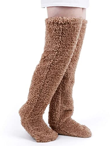 Damen Kniestrümpfe Plüsch Overknee Socken Flauschig Damen Strümpfe Stulpen Teddy lange Beinwärmer Winter Warme Schlafsocken - Frauen Schlafen Zuhause Wintersocken Weihnachten Gift für Damen Mädchen