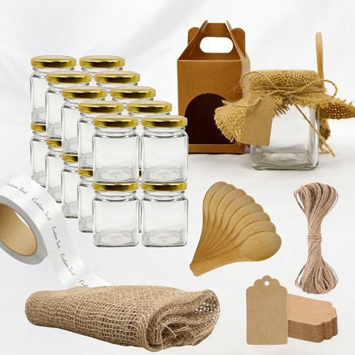 Set 20 Barattoli di Vetro Quadrati 150 ml con Coperchio + 20 Scatole Kraft, 20 Cucchiai di Legno e 20 Etichette – Bomboniera | Espirito Rebelde