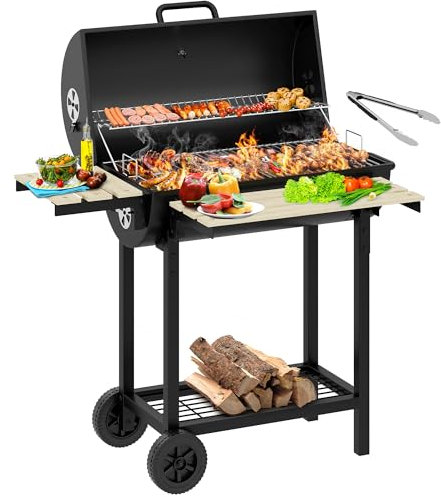 YITAHOME L Holzkohlegrill BBQ Smoker Grillwagen mit Höhenverstellbare Kohlenstoffpfanne & Thermometer, Standgrill für Party, Camping, Garten, inkl. Küchenzange