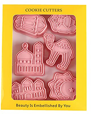 KMOCEPLY 6PCS Pink Eid Mubarak Cookie Cutters Set 3D Ramadan Islamic Muslim Cookie Stamp Biscuit Cutters EID Mubarak Ramadan Decoration Camel Moon Star Biscuit DIY Mosque Mold Baking Tools