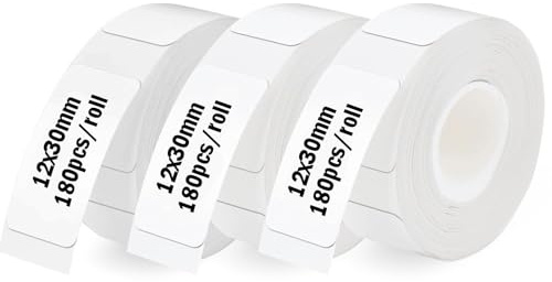 Thermo-Etikettenband, 12 x 30 mm Etikettenpapier, Etikettierpapier für Etikettendrucker, 7m wasserfeste Etiketten, geeignet für Haus, Büro, Schule (Weiß, 540 Etiketten/3 Rolle)