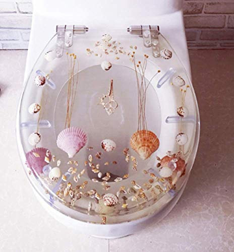 Toilettendeckel, langsam schließender Toilettensitzbezug aus Kunstharz, robuster Toilettendeckel mit Kunst-3D-Effekten, mit echten Blumen, Muscheln und Sand für U/V/O-Typ, A