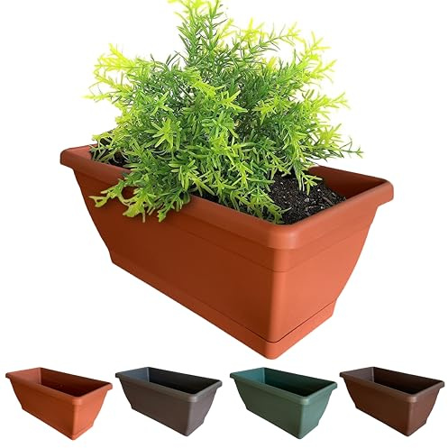 BROWN&GREEN Jardinera Exterior Grande con Plato - 60x19x18 cm - Marrón - Rectangular - Plástico - Floreira