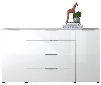 Sideboard Kommode SANTORIN weiß 180 cm breit mit Glasfront, Schrank Korpus in weiß mit Oberboden in Glas und Schubladen für Ihren Wohnbereich - 180 x 99 x 40 cm (B/H/T)