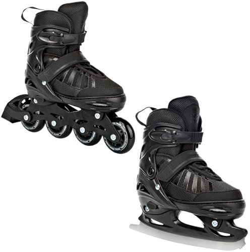 RAVEN Inline Skates Inliner für Kinder und Erwachsene OPTIONAL 2in1 mit Schlittschuhen verstellbar (Oxen Black mit Kufen, 38-42 (25cm-27,5cm))