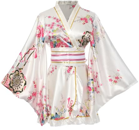 BPURB Kimono Costume Giapponese Tradizionale Geisha Yukata Cosplay Donne Sexy Fiori di Ciliegio Patten Accappatoio Da Notte Con Cintura Obi, Bianco, M