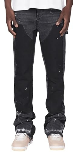 Herren Micro Flare Jeans Mode Tintenspritzer Patchwork Denim Hose Frühling Sommer Freizeithose mit Taschen, A-schwarz, M