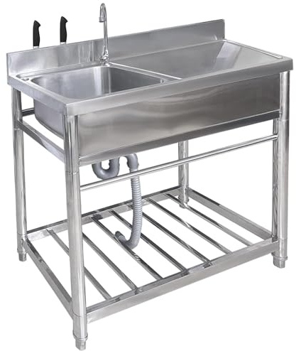 Fregadero de cocina de acero inoxidable, 100 cm x 50 cm, lavabo de pie, fregadero de un solo cuenco, para restaurantes comerciales y tiendas