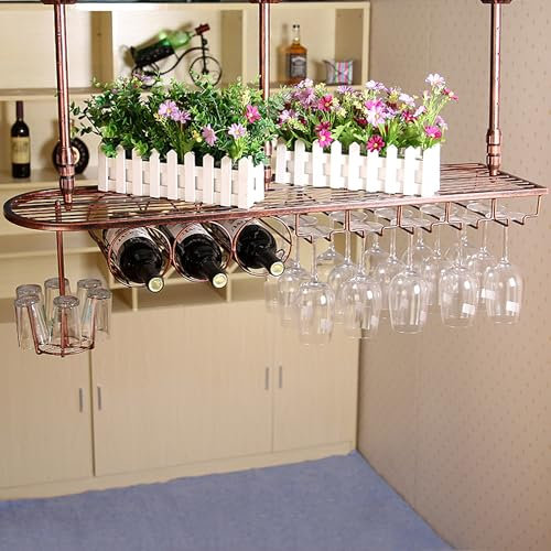 Weinregal Hängend Metall Flaschenregal Wand Schmal Wine Rack Bar Regal Wand Weinschrank Barschrank Weinständer mit Weinglashalter Getränke Regal Deckenregal Hängend für Hausbar Bartheke Küche(Bronze,1