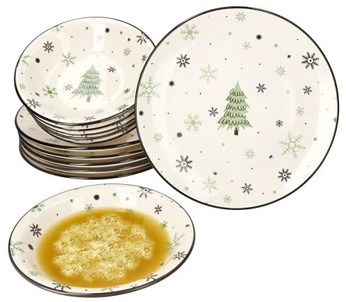 MamboCat Servizio da tavola per albero di Natale, 12 pezzi, per 6 persone, con albero di Natale e fiocchi di neve, 6 piatti piani e 6 piatti fondi profondi, 450 ml