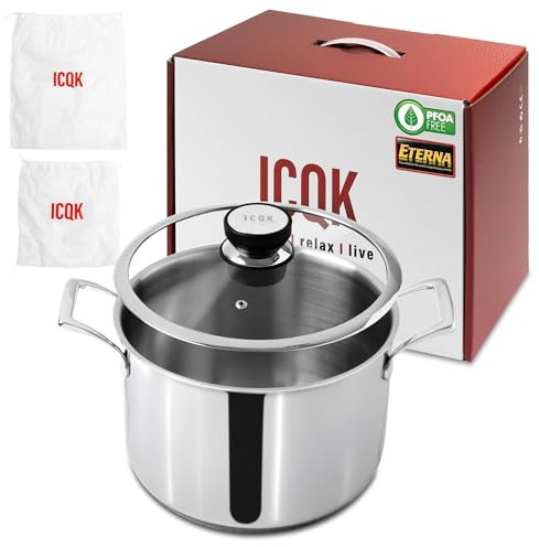 ICQK Cacerola de triple capa (acero inoxidable + aluminio), diámetro Ø 24 cm, con tapa, sin PFOA, para placa de cocina, inducción, cerámica, eléctrica, gas, horno, Shiny Pot