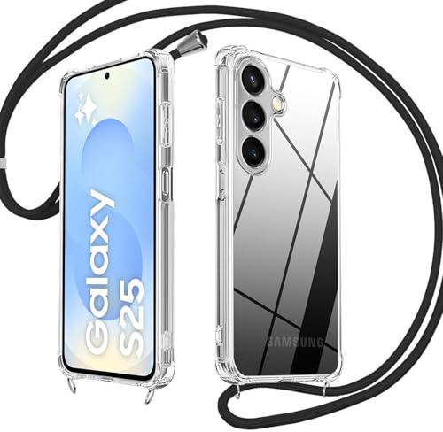 E-Lush Handyhülle für Samsung Galaxy S25 5G Hülle mit Band, Transparent Silikon Handy Hülle für Samsung S25 Schutzhülle mit Kordel Abnehmbar, TPU Stoßfest Case zum Umhängen Necklace, Schwarz
