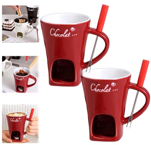 Schokofondue Tasse,Becher zum Schmelzen von Schokolade,Keramik Schokoladenfondue Tasse,Mehrzweck Chocolate Fondue Set mit Gabel und Teelicht,geeignet für Käse,Schokolade,Butter und Karamell (2 X Rot)