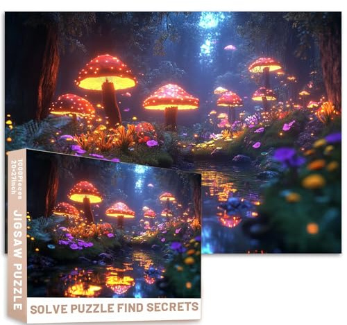 Puzzle de 1 000 pièces de la forêt enchantée – Champignons lumineux – Fleurs vibrantes – 68,6 x 50,8 cm – Jeux d'activités familiales stimulants – Puzzle coloré pour décoration d'intérieur