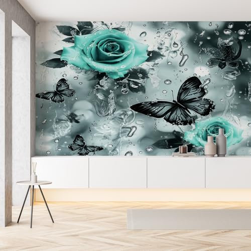 Schmetterling Insekten Fototapete 3d Effekt 350 x 256 cm Rose Wassertropfen Tapete Wohnzimmer Badezimmer Wasserfest Grau Schlafzimmer Wohnzimmer Tapete