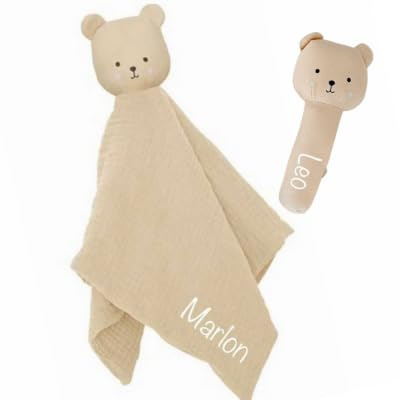 Personalisiertes Schmusetuch & Rassel-Set – Teddy Beige – Mit Name Bedruckt – Perfektes Geschenk zur Geburt & Babyparty Hochwertig graviert personalisiertes Babygeschenk