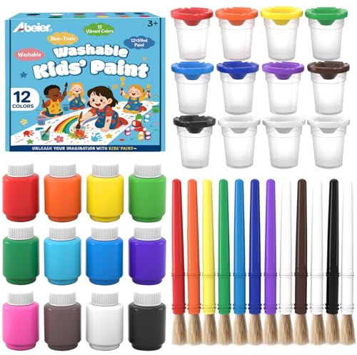 Peintures lavables pour enfants, 12 couleurs assorties, 60 ml, avec 12 godets et pinceaux, ensemble de peinture Tempera Kids, peinture acrylique non toxique facilement lavable pour arts et projets