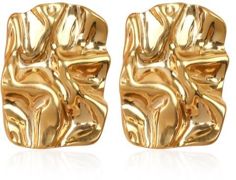 Mikovivi Irregular Gold Stud Earrings for Women, Minimalist Chunky Geometric Earrings Hammered Gold Studs Fashion Jewelry for Female