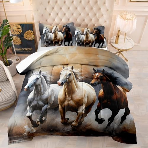 Coverless Duvet Double Brown Gray Horse Coverless Duvet Kids Microfiber Comforter Double Bed Lightweight Quilted Bedspread All Seasons Quilted Bed Throw+2 Pillowcases(50x75cm) 200x200cm