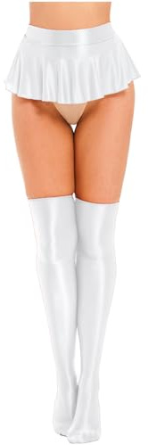 Xnihocha Mini Jupe à Volants Brillante Brillante à l'huile pour Femmes 3 Pièces Ensemble de Bas Hauts de Cuisse Clubwear Blanc M