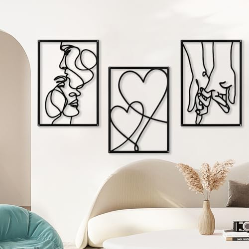 LOMUG 3 Pezzi Decorazione da Parete in Metallo Minimalista, Amore, Linee Astratte, Arte Moderna, Decorazione da Parete in Metallo, Sculture da Parete da Appendere in Camera da Letto e Soggiorno