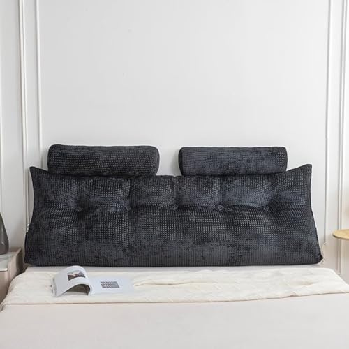 Bett Rückenkissen mit Nackenkissen, Bequemes Groß Lesekissen für Bett und Sofa, Keilkissen mit Waschbarem Bezug, Seitentaschen, Ergonomie Rückenstützkissen zum Anlehnen im Bett, Schwarz, 140x50x20CM