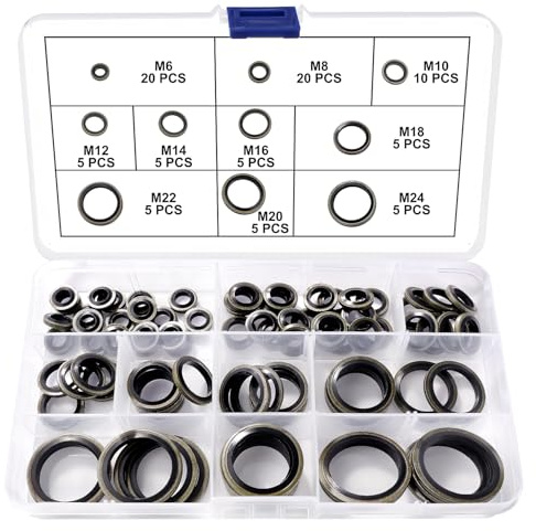 YIXISI 85 Stücke 10 Größen M6 / M8 / M10 / M12 / M14 / M16 / M18 / M20 / M22 / M24 Bonded Seal Dichtring Kit, Metallgummidichtungs-Ölring, für Zentral-Hydraulik, Servolenkung