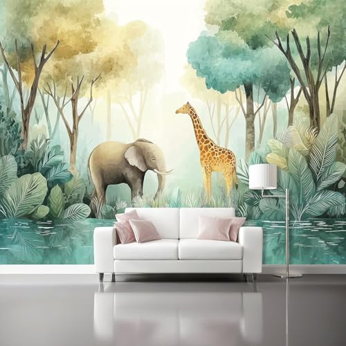 Générique Papier Peint Panoramique Dessin Animé Forêt Animal, 400 x 280 cm Murale Décoration pour Chambre Salon Bureau Fond TV, Vert Clair 3D Photo Papier peint intissé