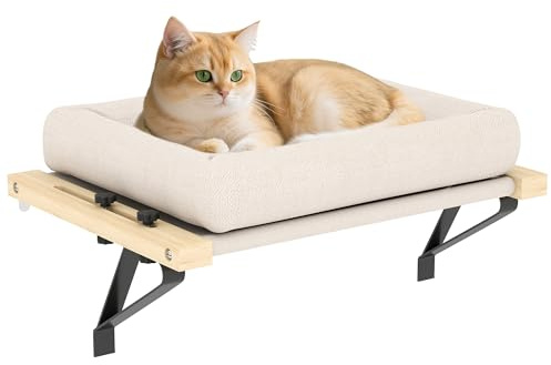 PawHut Tumbona calefactora, 50 x 36 cm, para Gatos, con Soporte Ajustable, cojín extraíble, Lavable a máquina, Hamaca para Gatos, radiador, Gato, Color Crema