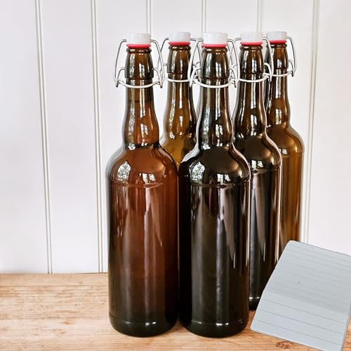 12 x Glasflaschen 750 ml mit Bügelverschluss – Braun Glasflasche Likörflaschen zum Befüllen Essig & Öl Flaschen Saftflaschen zum Einkochen Gläser mit Bügelverschluss wiederverwendbar (Braun, 12 Stk.)