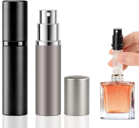 YiliYa 2 Stück 5ml Aluminium Parfüm Zerstäuber Nachfüllbar Leer Geschenk | Reise Parfümzerstäuber für Damen und Herren, Reisezerstäuber Flasche für unterwegs (Schwarz&Grau)