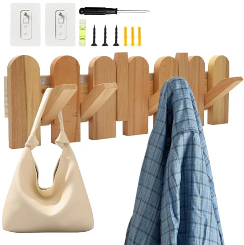 MIUUIPI Garderobenleiste Holz Wand, Moderne und Platzsparende Garderobenleiste mit 6 Haken, Holzplatte Wandhaken Klapphaken Faltbarer Kleiderhaken für Jacken, Mäntel, Schals, Handtaschen