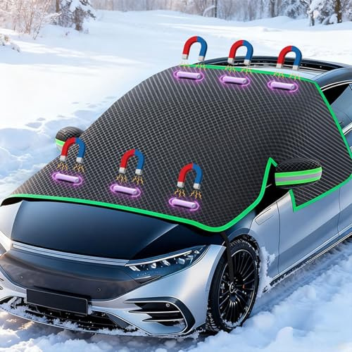 Auto Windschutzscheibe Abdeckung mit 6 Versteckten Magneten, Seitenflügel Spiegel & 4 Haken, Winschutzscheiben Abdeckung Faltbar Groß Die Gegen, Schnee, EIS, Frost, Staub, Sonne (260 x 150cm)