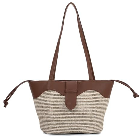 EVEOUT Sac Cabas Paille Tissé avec poche intérieure à cordon Femme Boho Chic Sac Fourre-tout Faux Raphia Tressé pour Plage d'Été Décontracté