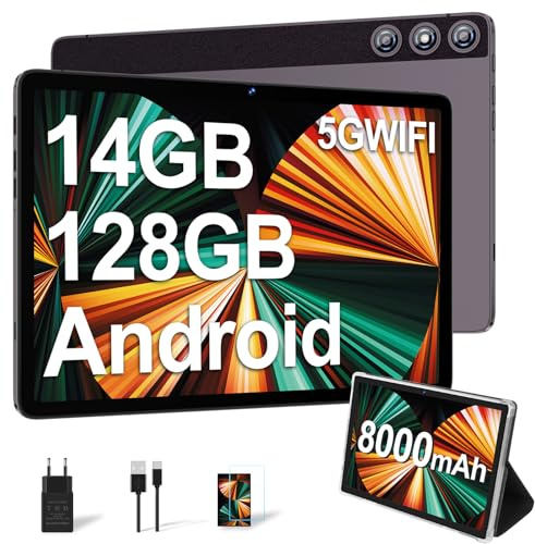 DMOAO Tablette 10 Pouces avec 14 Go RAM + 128 Go ROM, 1 to Extensible, Tablette Android, Octa-Core, WiFi 5G, Caméra 8MP + 5MP, 8000mAh, BT5.0 / GPS, Gris