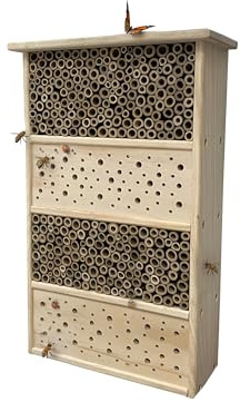 Relaxdays Bihotell, trä, bamburör, HBT: 40 x 26 x 10,5 cm, trädgård, balkong, insektshotell för upphängning, natur