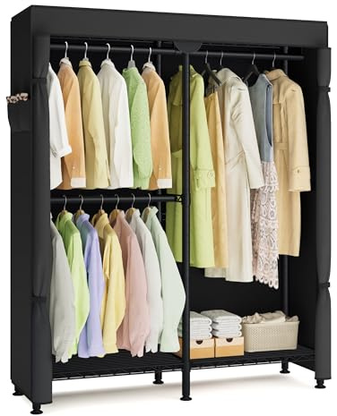 SONGMICS Clothing Rack, Heavy-Duty Garment Rack with Adjustable Storage Shelves and Hanging Rails, Fabric Cover, Freestanding Portable Wardrobe Closet, Ink Black ULGR424BH01