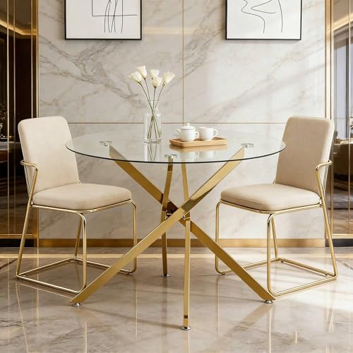 Mesa redonda de 80 cm de cristal seguro y patas doradas – Mesa de comedor o mesa de centro minimalista – Dimensiones: diámetro 80 x altura 76 cm