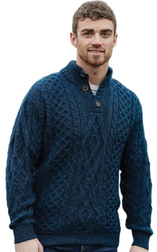Aran Woollen Mills - Carraig Donn Irish Diamond Pattern Wool Troyer (X-Large, Atlantic Blue)