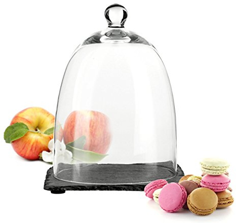 endez Glasglocke auf Schieferplatte 15x20 cm – Mundgeblasene Glashaube aus Borosilikatglas mit Vertiefung – Elegante Glaskuppel & Käseglocke für Desserts, Käse & Snacks, Deko Glasdom Servierhaube
