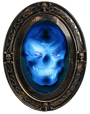 TRIXES Black and Gold Oval Haunted Speaking Halloween Mirror with Spooky Picture - Double Sensor - Motion and Sound Activated - Haunted House Props Decoration