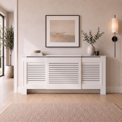 DuraTherm® Radiator Cover White Painted Modern Horizontal Slat Shelves MDF Cabinet Shelf for Radiators, Living Rooms, Bedrooms, Adjustable