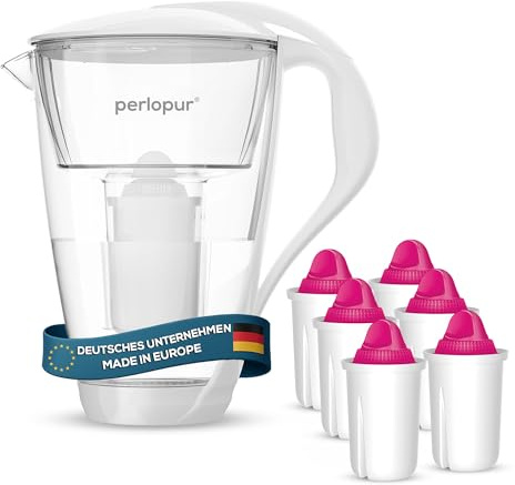 PearlCo - Carafe avec filtre à eau en verre - blanc - 6 cartouches AquaMag classic incluse (compatible avec Brita Classic)